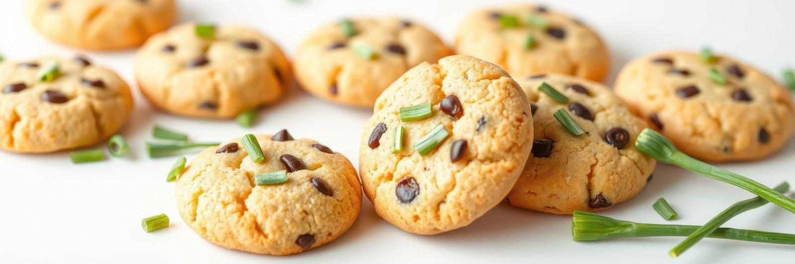 Delicious cookies with chocolate chips and green herbs on a clean white surface